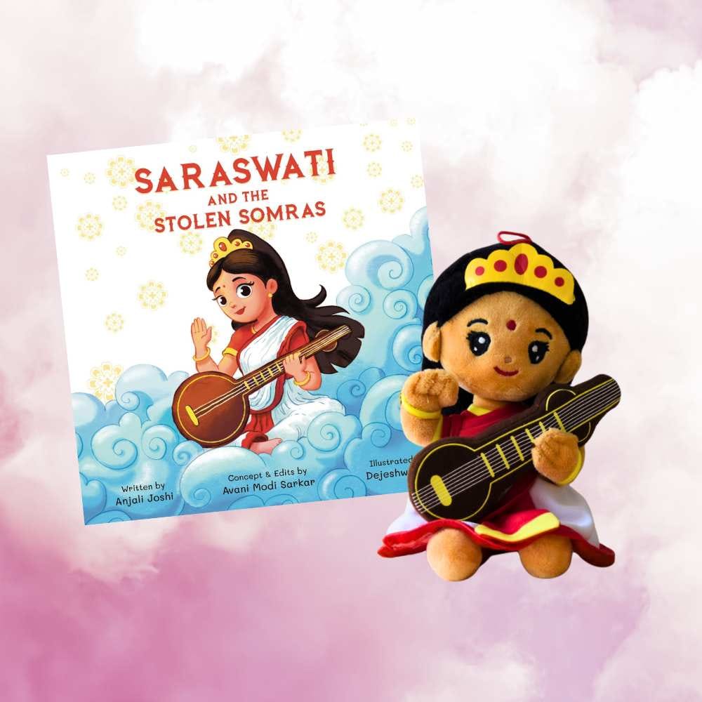 Modi Toys Saraswati Devi Small Mantra Singing Plush (7 inch) And Saraswati and the Stolen Somras